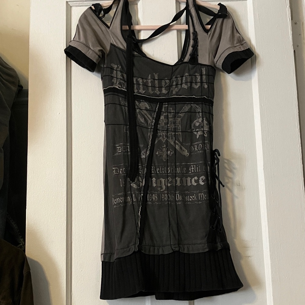Salvage Black and Gray Graphic Mini Dress with Lace-Up Sides